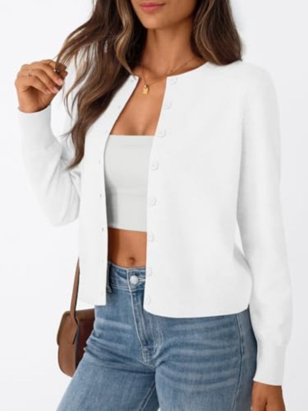 Womens Lightweight Knit Cardigan Button Front Long Sleeve Crew Neck